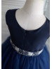 Navy Blue Satin Tulle Beaded Sash Knee Length Flower Girl Dress Navy Blue Satin Tulle Beaded Sash Knee Length Flower Girl Dress